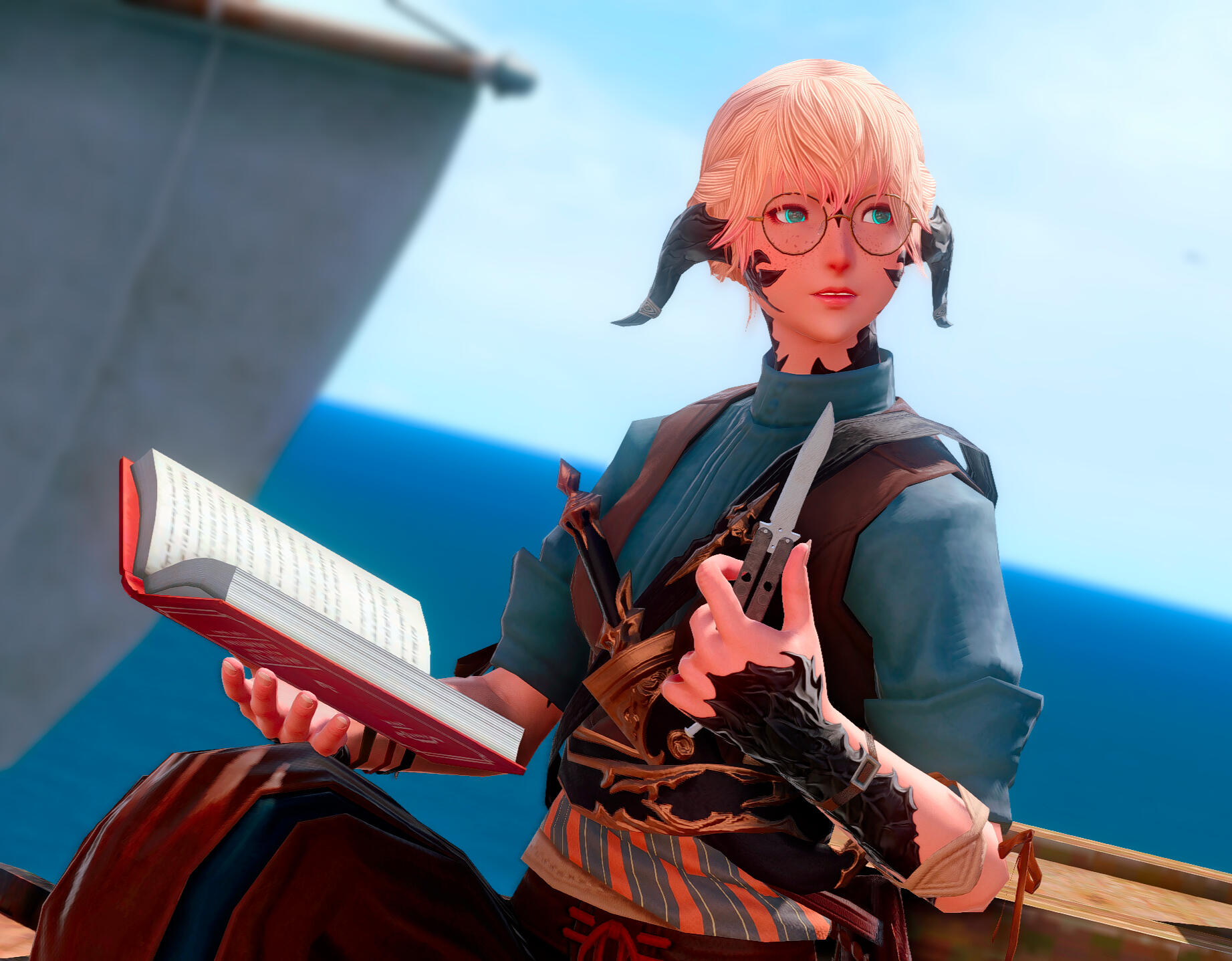 Alma reading with a butterfly knife